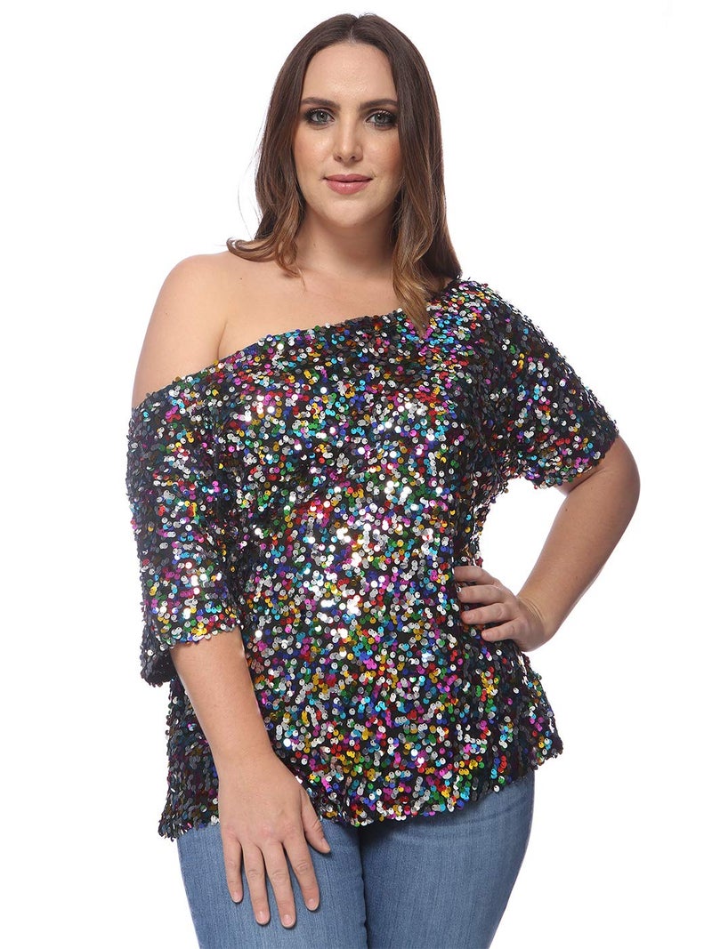 Anna-Kaci Women's Plus Size Sequin Sexy One Shoulder Short Sleeve Party Club Top, Multicolored, Large - Image 1